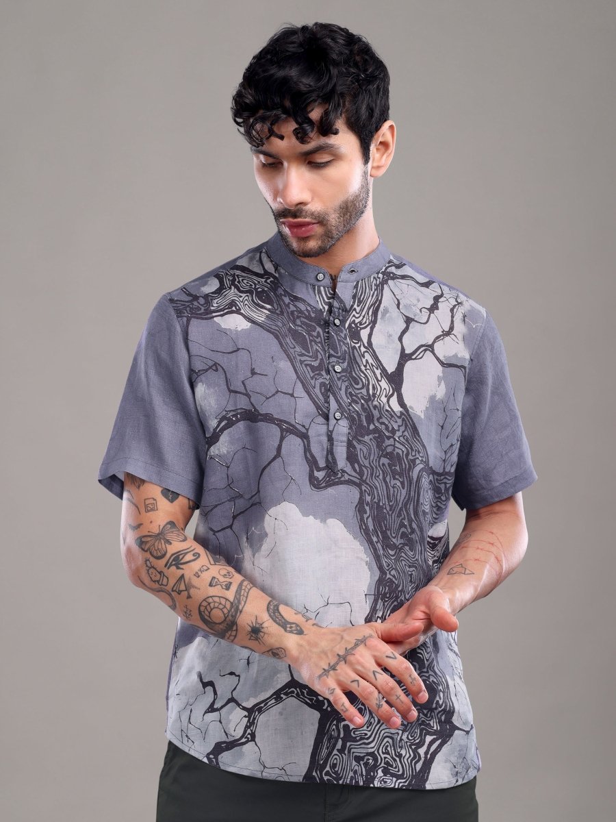 Dark Blue Tree Bark Printed Pure Linen Shirt - CLOHI