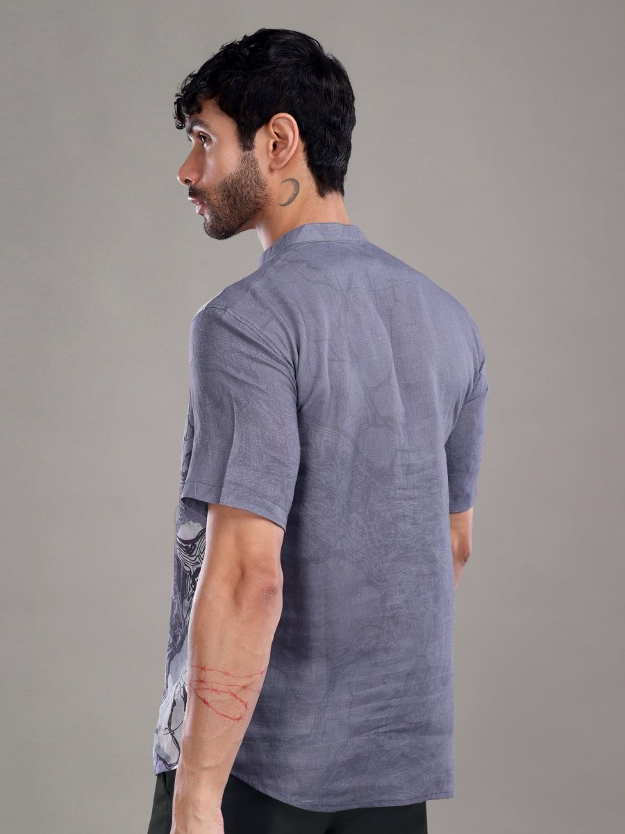 Dark Blue Tree Bark Printed Pure Linen Shirt - CLOHI