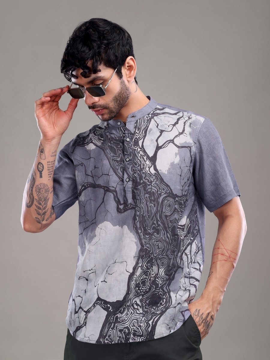 Dark Blue Tree Bark Printed Pure Linen Shirt - CLOHI
