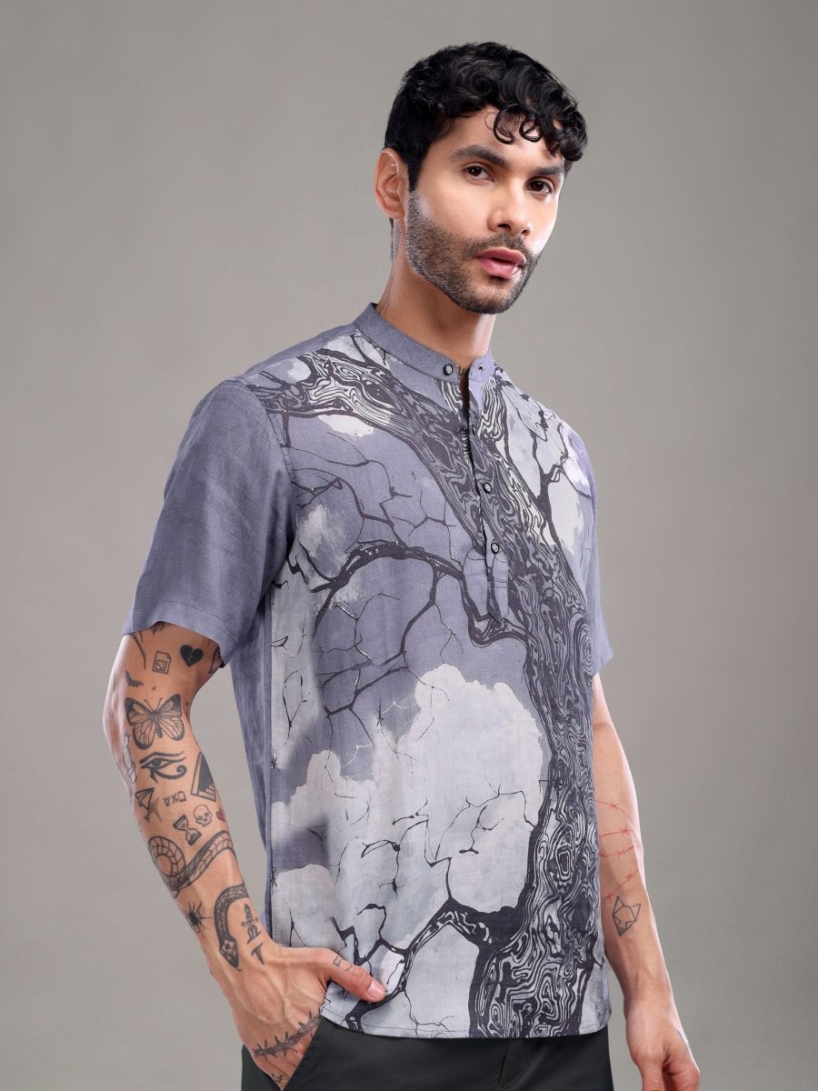 Dark Blue Tree Bark Printed Pure Linen Shirt - CLOHI