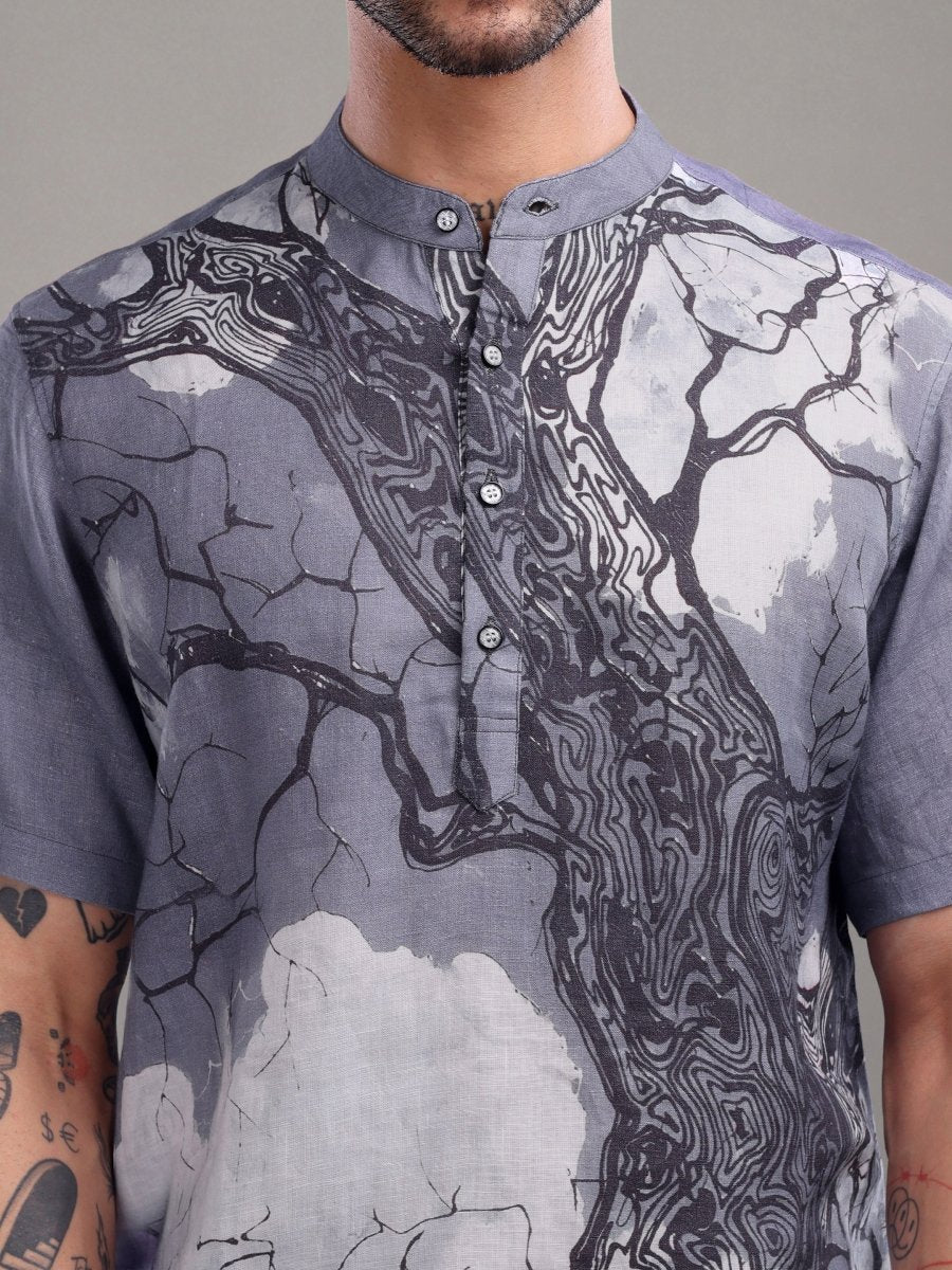 Dark Blue Tree Bark Printed Pure Linen Shirt - CLOHI