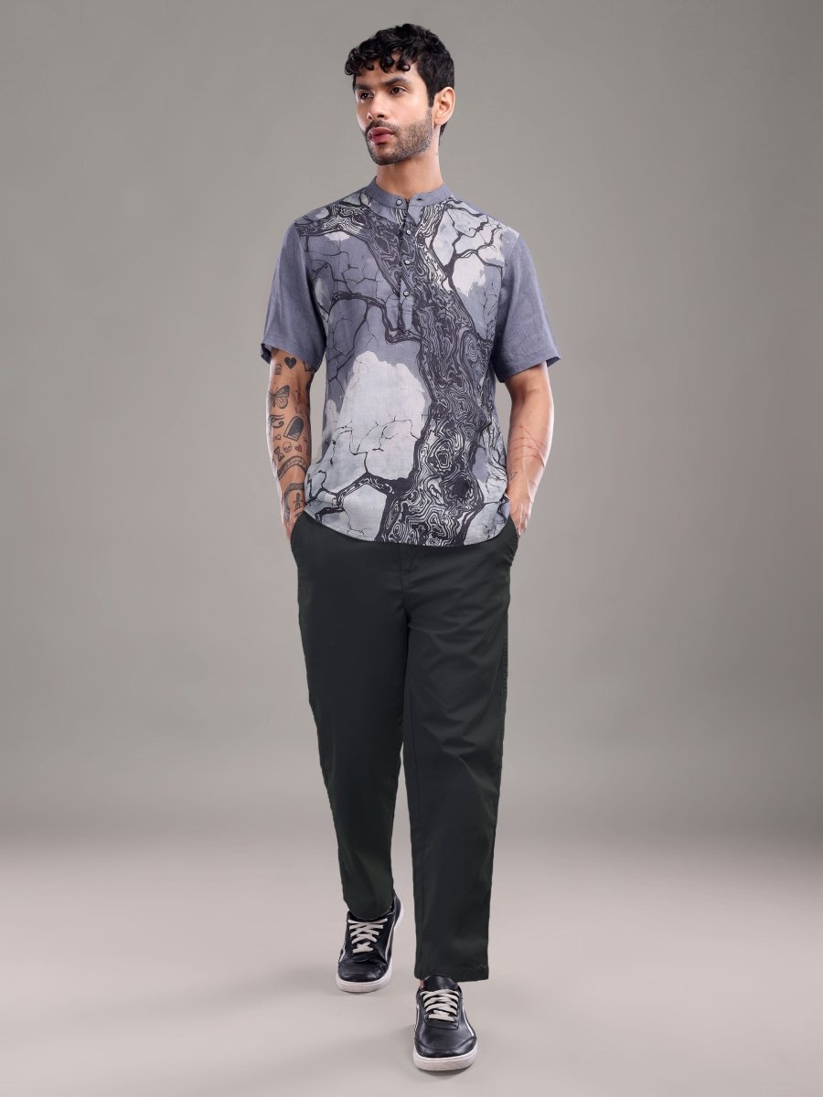 Dark Blue Tree Bark Printed Pure Linen Shirt - CLOHI