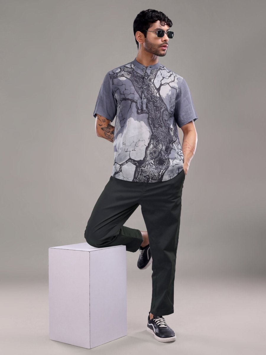 Dark Blue Tree Bark Printed Pure Linen Shirt - CLOHI