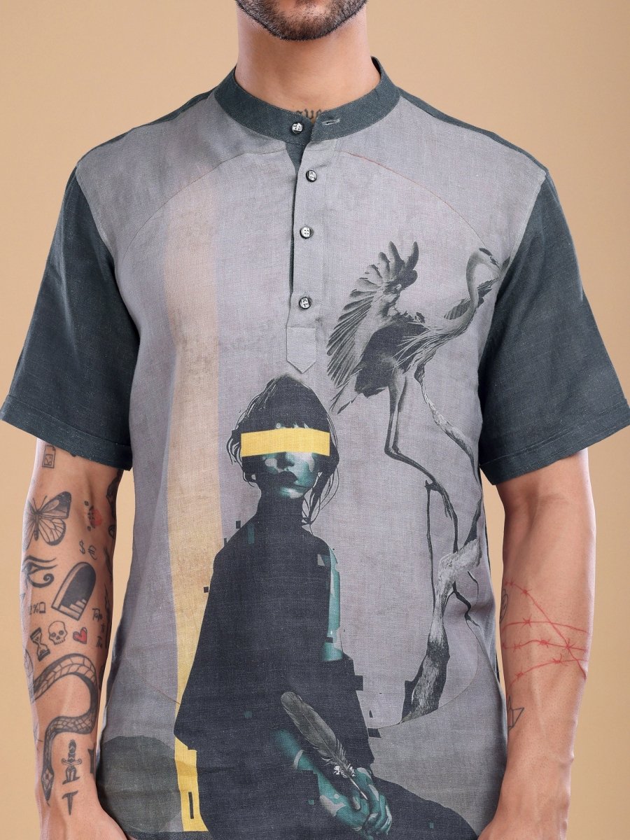 Dark Green Art - Inspired Pure Linen Short Shirt - CLOHI