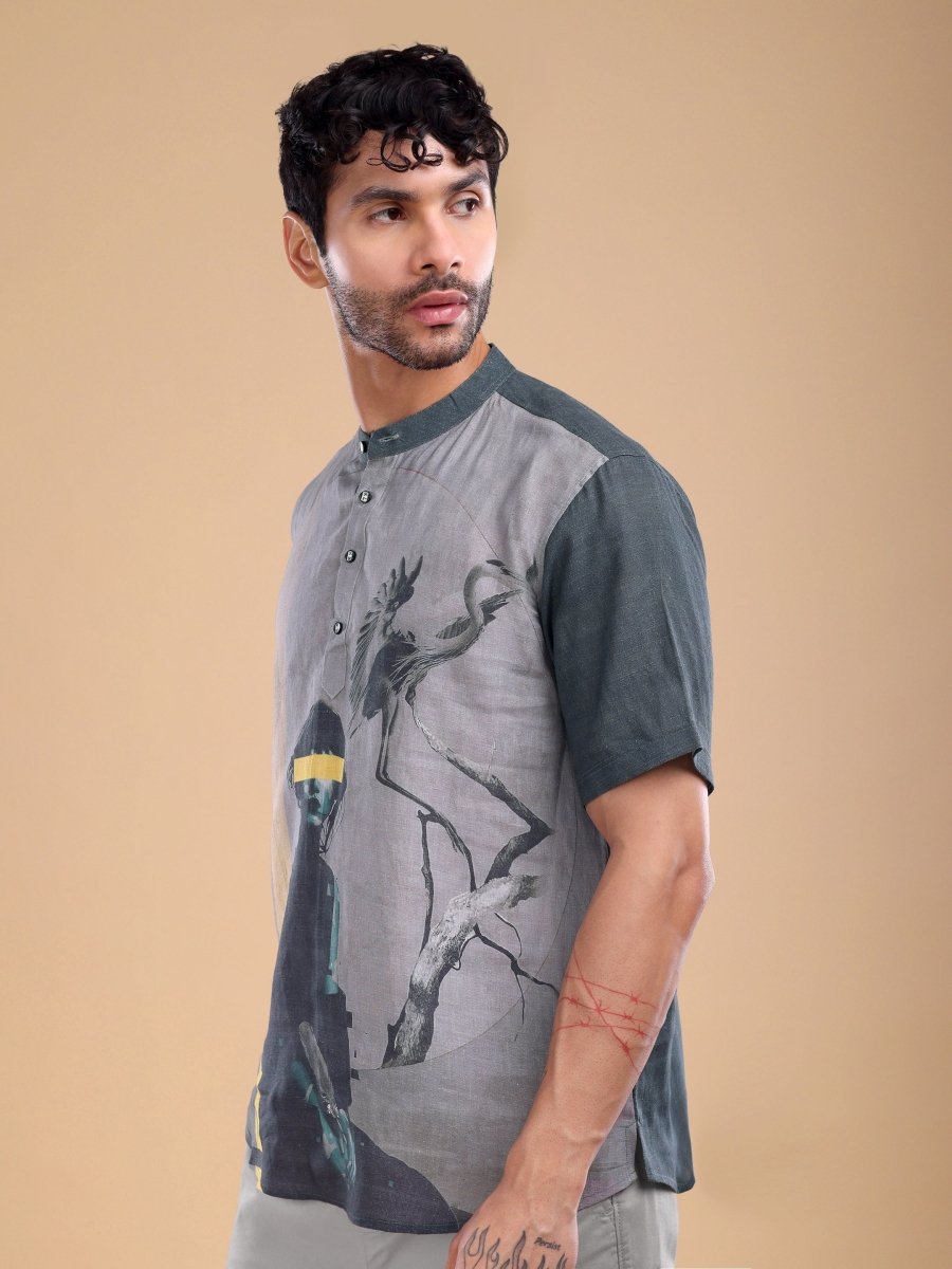 Dark Green Art - Inspired Pure Linen Short Shirt - CLOHI
