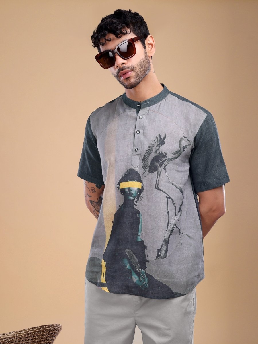 Dark Green Art - Inspired Pure Linen Short Shirt - CLOHI