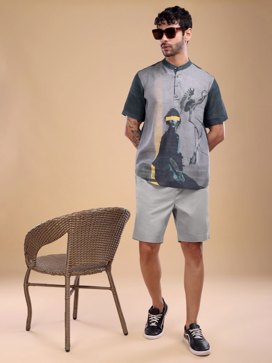 Dark Green Art - Inspired Pure Linen Short Shirt - CLOHI