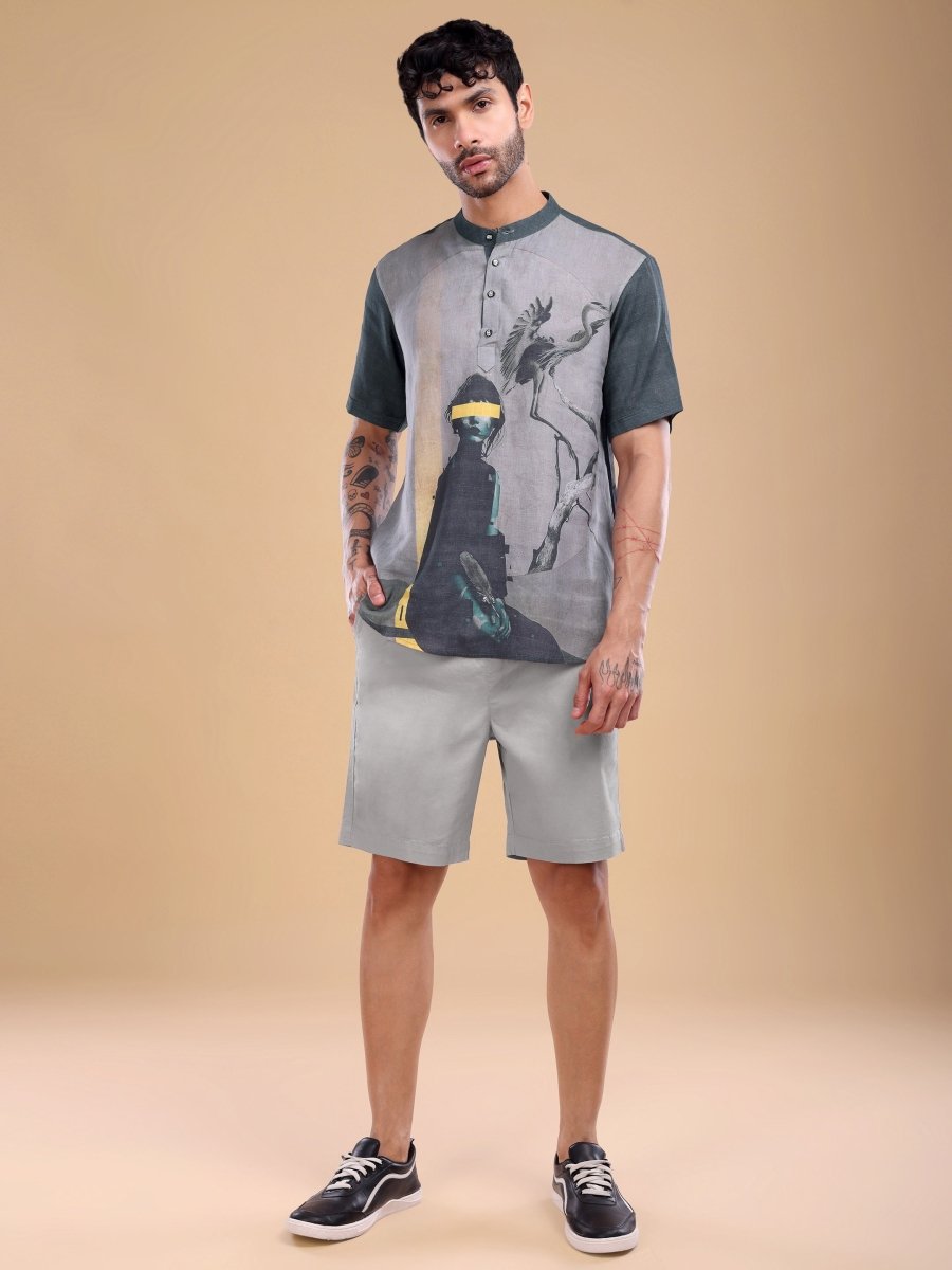 Dark Green Art - Inspired Pure Linen Short Shirt - CLOHI