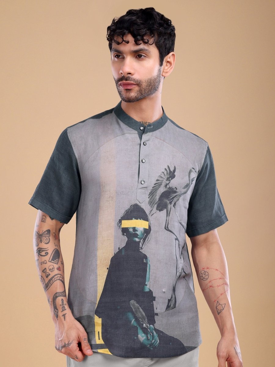 Dark Green Art - Inspired Pure Linen Short Shirt - CLOHI