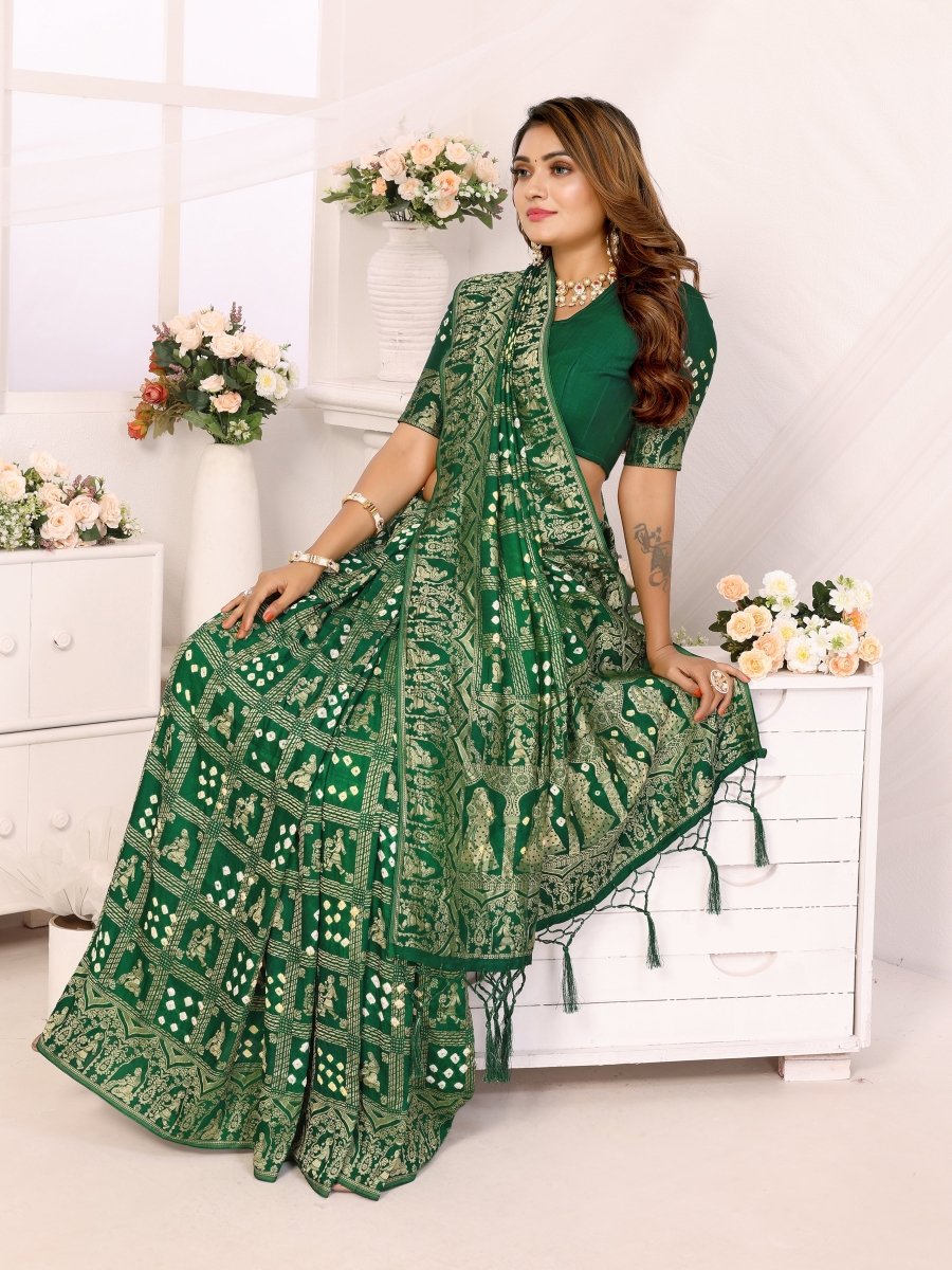 Dark Green Bandhani Saree with Rajasthani Figurative Zari Motifs and Traditional Tassel Pallu - CLOHI