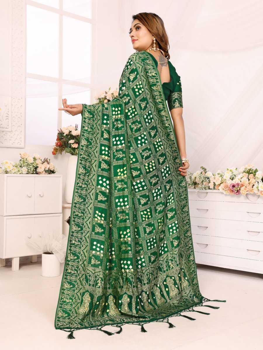 Dark Green Bandhani Saree with Rajasthani Figurative Zari Motifs and Traditional Tassel Pallu - CLOHI