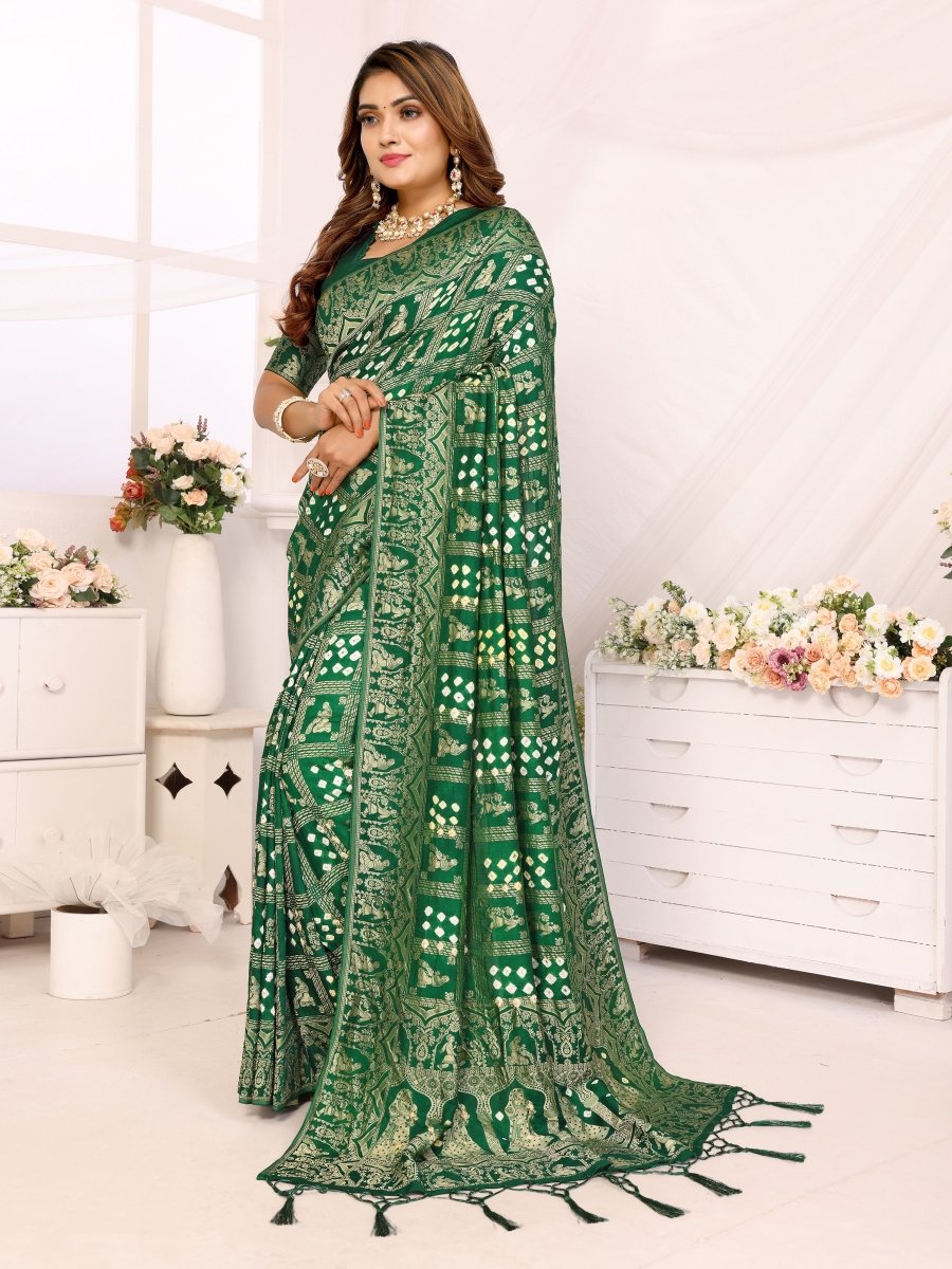 Dark Green Bandhani Saree with Rajasthani Figurative Zari Motifs and Traditional Tassel Pallu - CLOHI