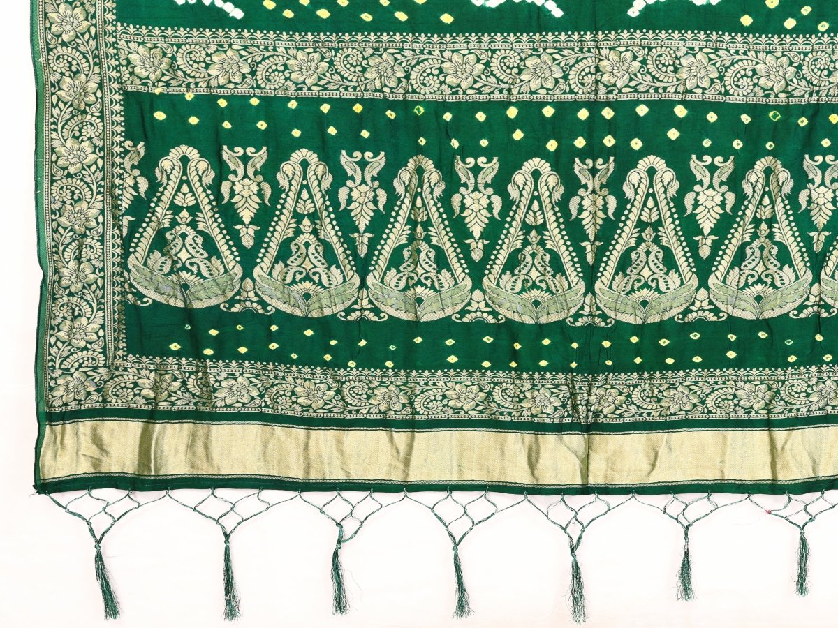 Dark Green Jacquard Zari Bandhani Saree with Shimmering Floral & Paisley Patterns - CLOHI