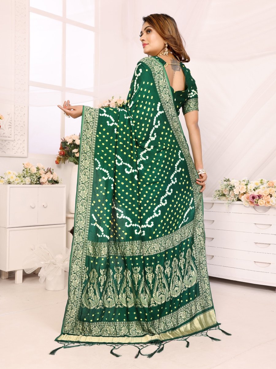 Dark Green Jacquard Zari Bandhani Saree with Shimmering Floral & Paisley Patterns - CLOHI