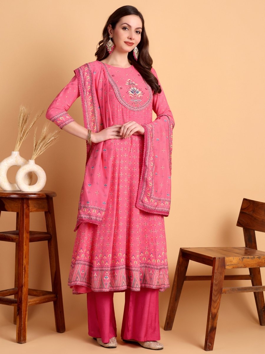 Dark Pink Floral Hand Embroidered Anarkali Set - CLOHI