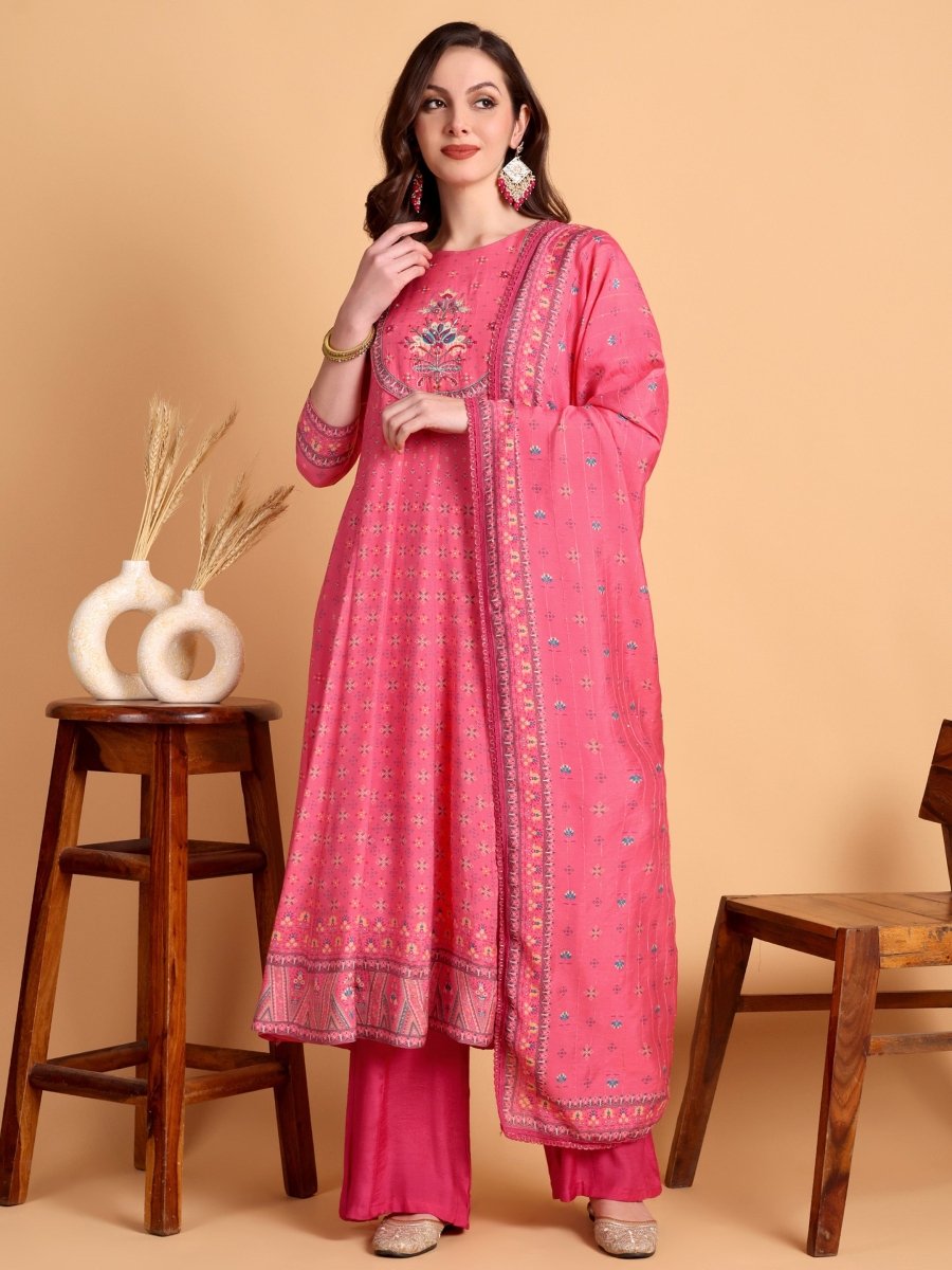 Dark Pink Floral Hand Embroidered Anarkali Set - CLOHI