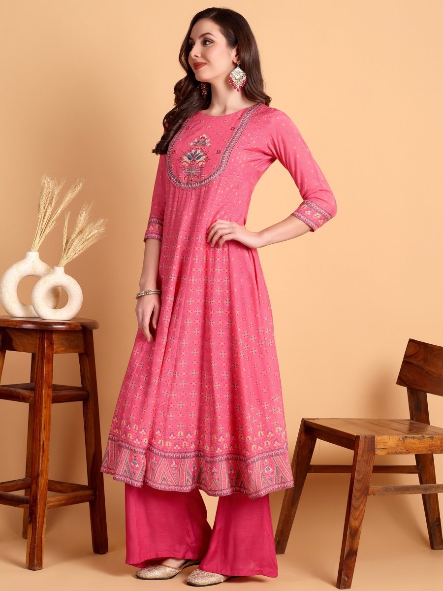 Dark Pink Floral Hand Embroidered Anarkali Set - CLOHI