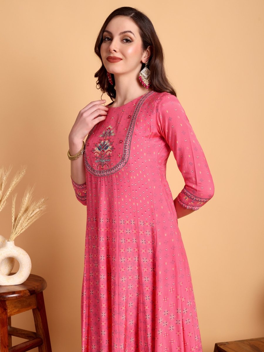 Dark Pink Floral Hand Embroidered Anarkali Set - CLOHI