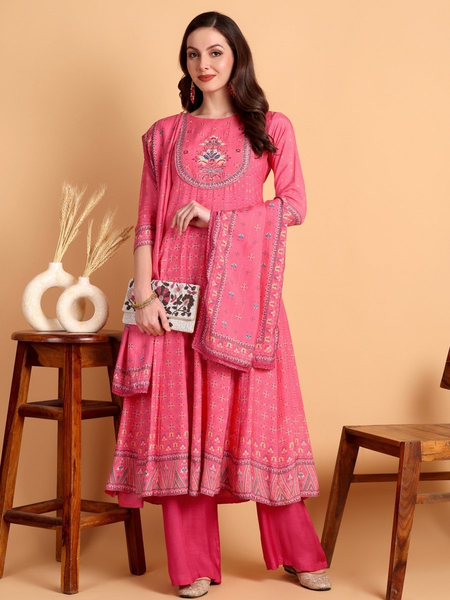 Dark Pink Floral Hand Embroidered Anarkali Set - CLOHI