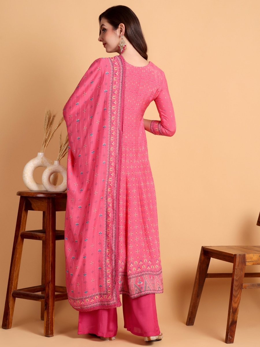 Dark Pink Floral Hand Embroidered Anarkali Set - CLOHI