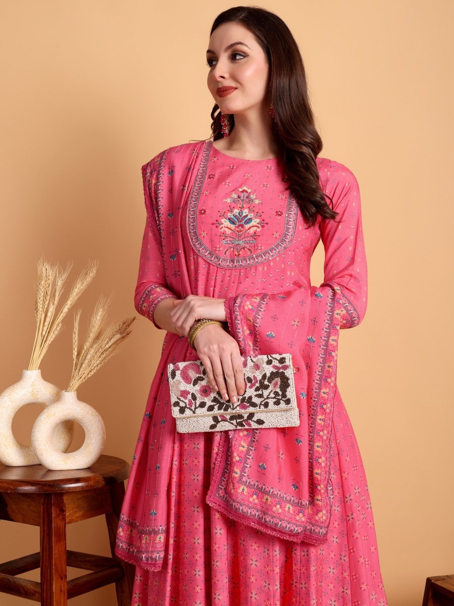 Dark Pink Floral Hand Embroidered Anarkali Set - CLOHI