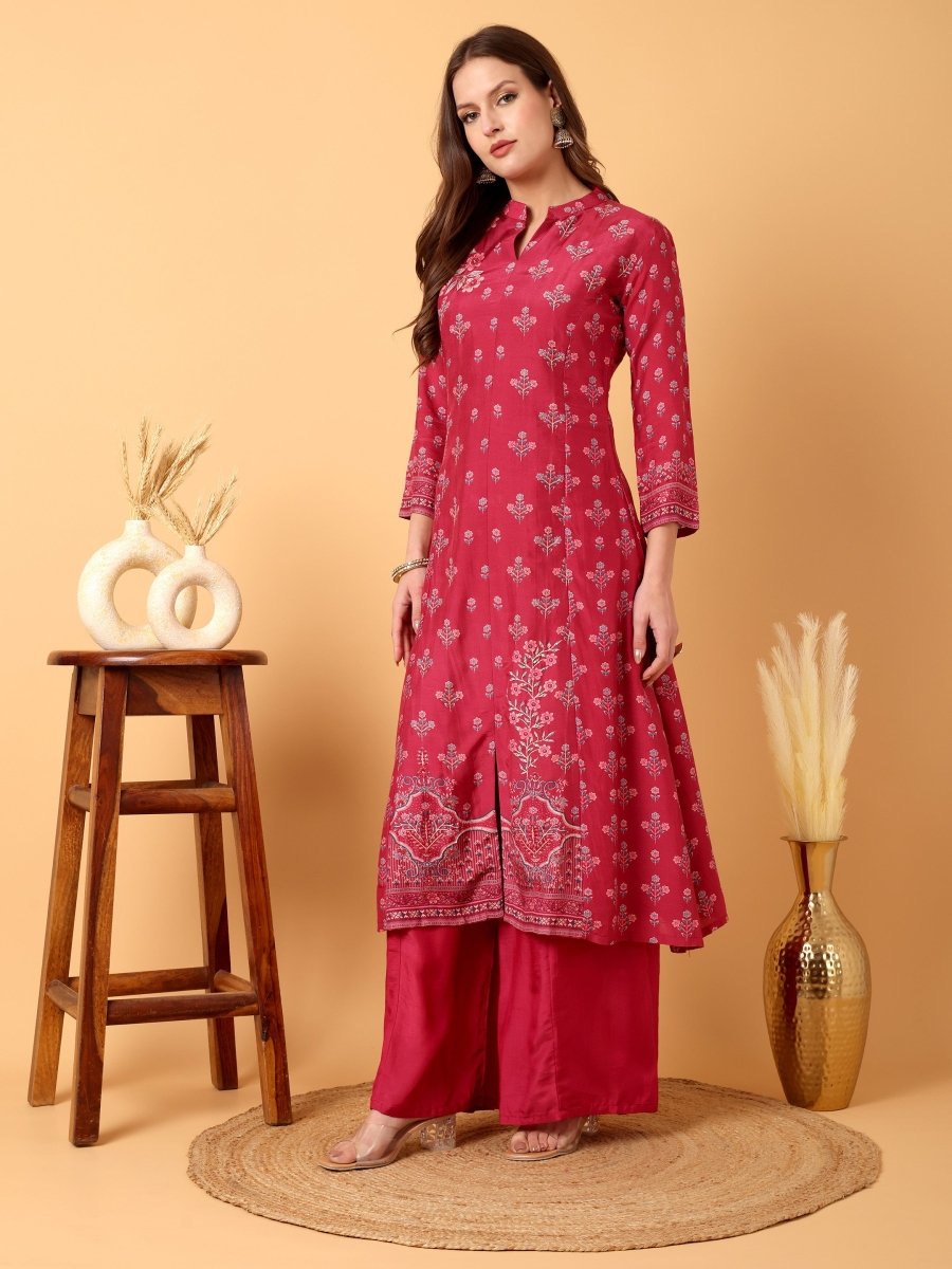 Deep Carmine Floral Hand Embroidered Kurta Set with Dupatta - CLOHI