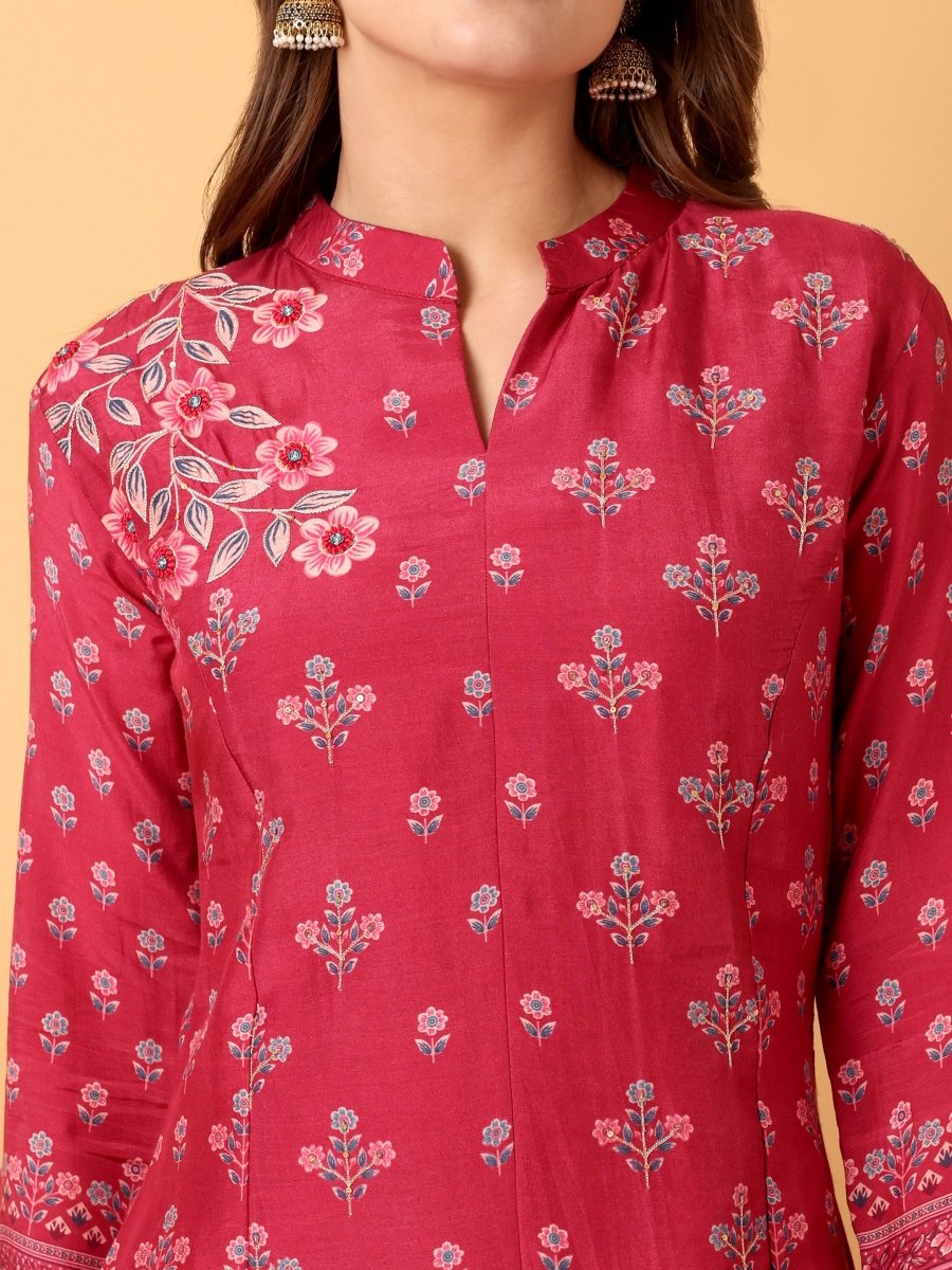 Deep Carmine Floral Hand Embroidered Kurta Set with Dupatta - CLOHI