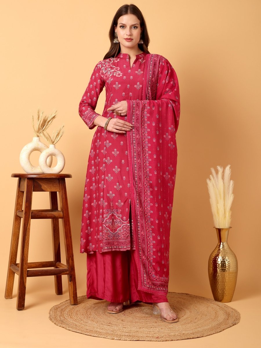 Deep Carmine Floral Hand Embroidered Kurta Set with Dupatta - CLOHI
