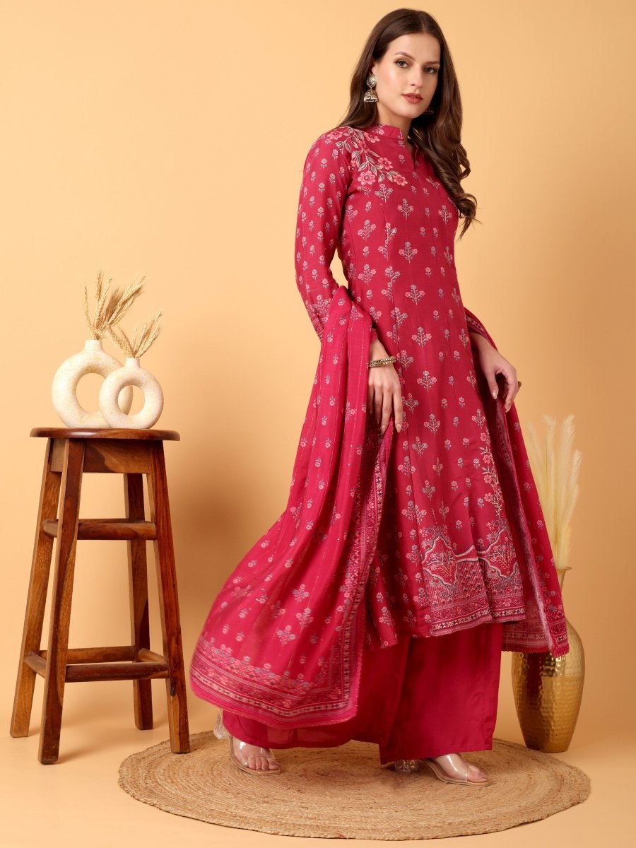 Deep Carmine Floral Hand Embroidered Kurta Set with Dupatta - CLOHI