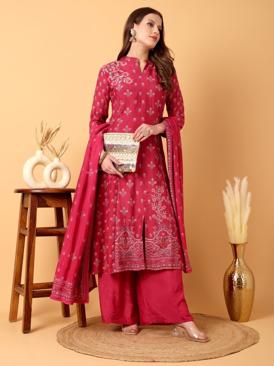 Deep Carmine Floral Hand Embroidered Kurta Set with Dupatta - CLOHI
