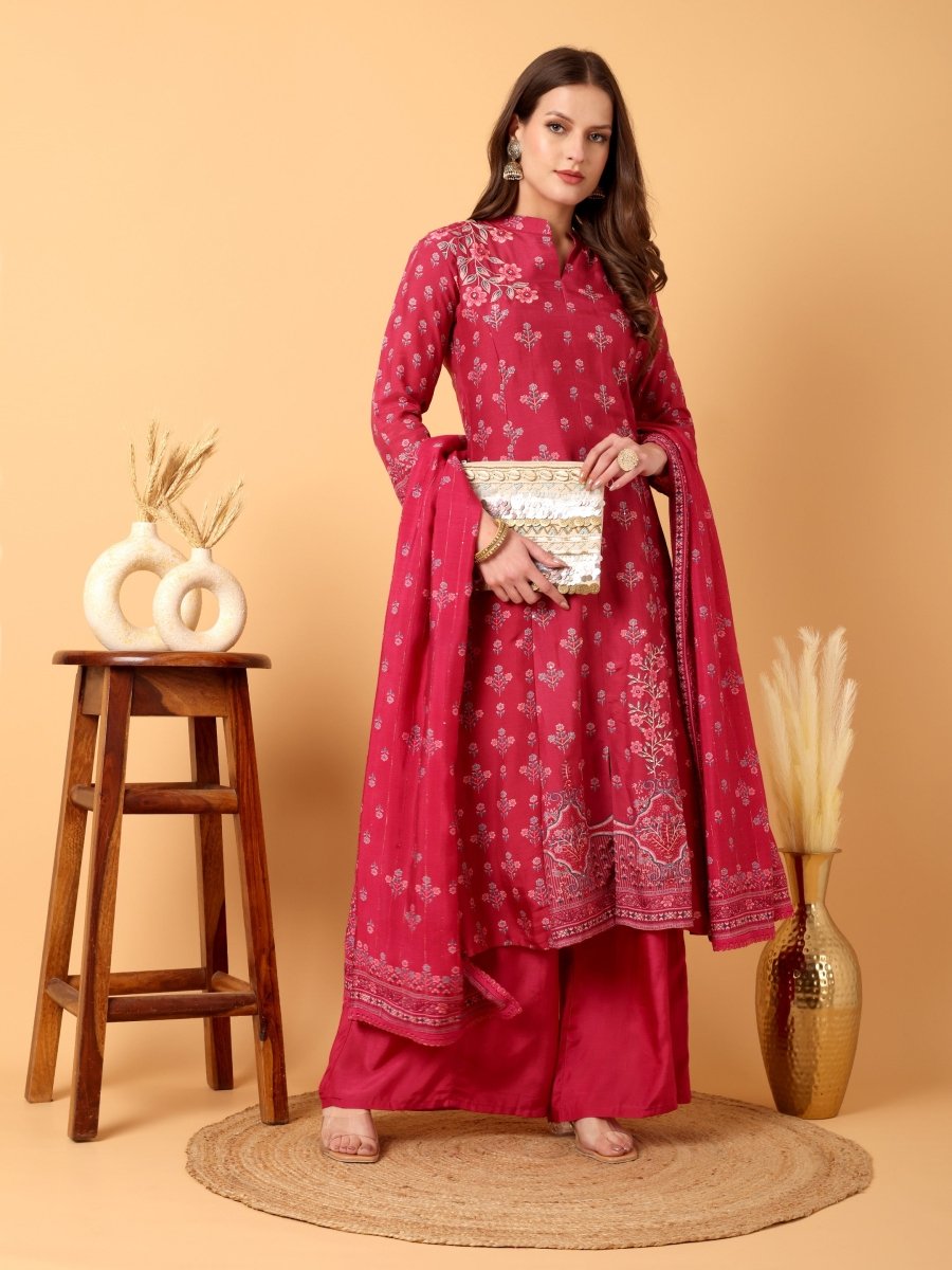 Deep Carmine Floral Hand Embroidered Kurta Set with Dupatta - CLOHI