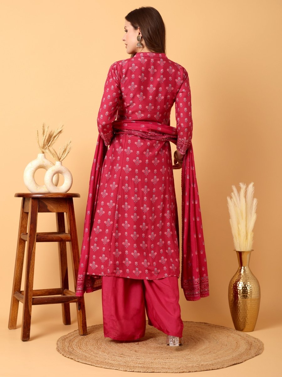 Deep Carmine Floral Hand Embroidered Kurta Set with Dupatta - CLOHI