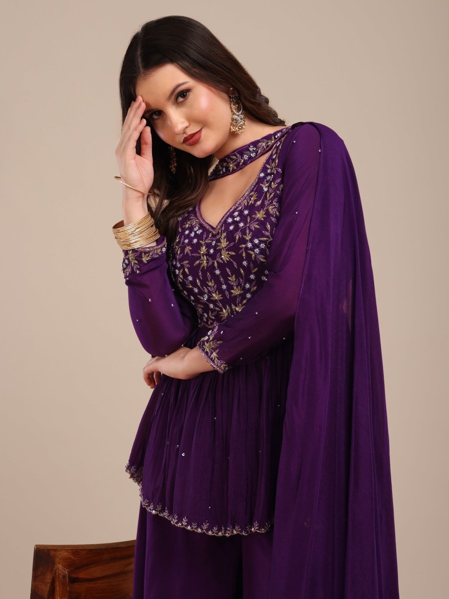 Deep Purple Embroidered Palazzo Set in Viscose Chinon - CLOHI