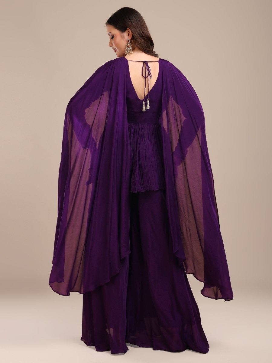 Deep Purple Embroidered Palazzo Set in Viscose Chinon - CLOHI