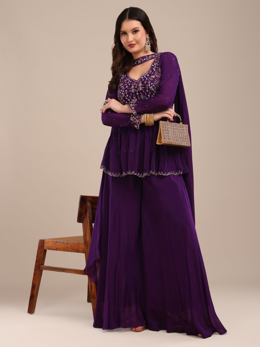 Deep Purple Embroidered Palazzo Set in Viscose Chinon - CLOHI