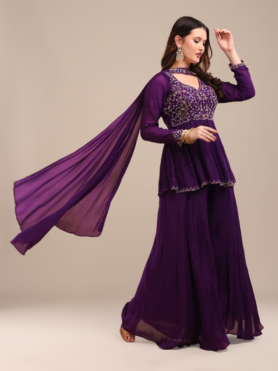 Deep Purple Embroidered Palazzo Set in Viscose Chinon - CLOHI