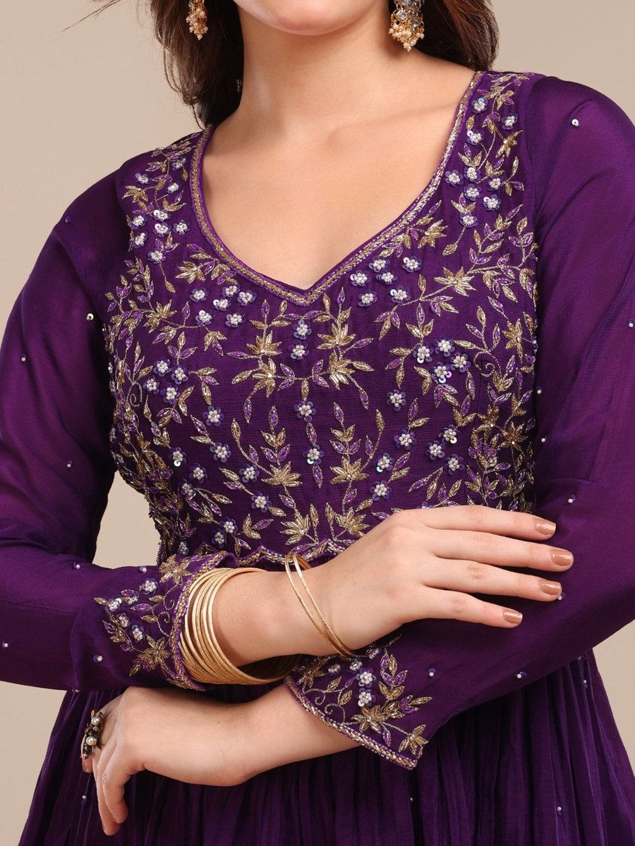 Deep Purple Embroidered Palazzo Set in Viscose Chinon - CLOHI