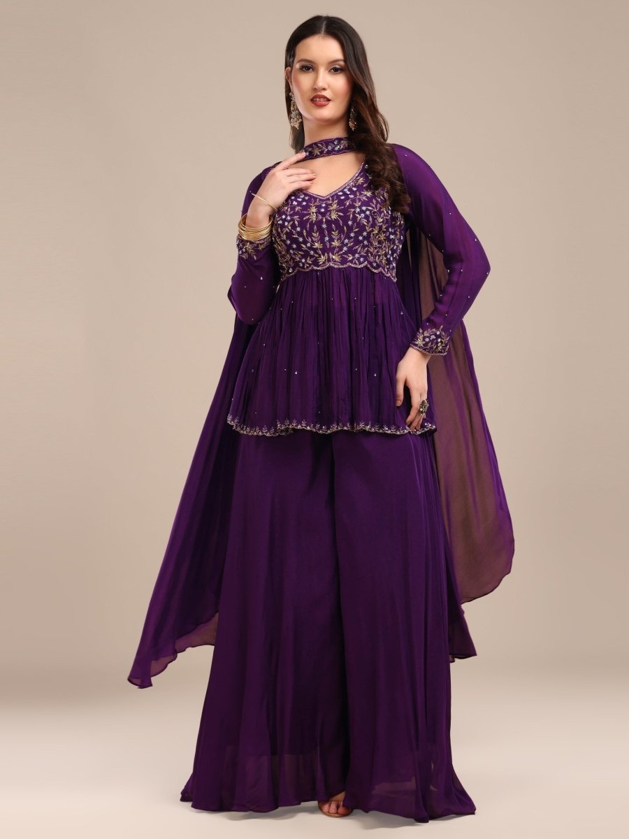 Deep Purple Embroidered Palazzo Set in Viscose Chinon - CLOHI