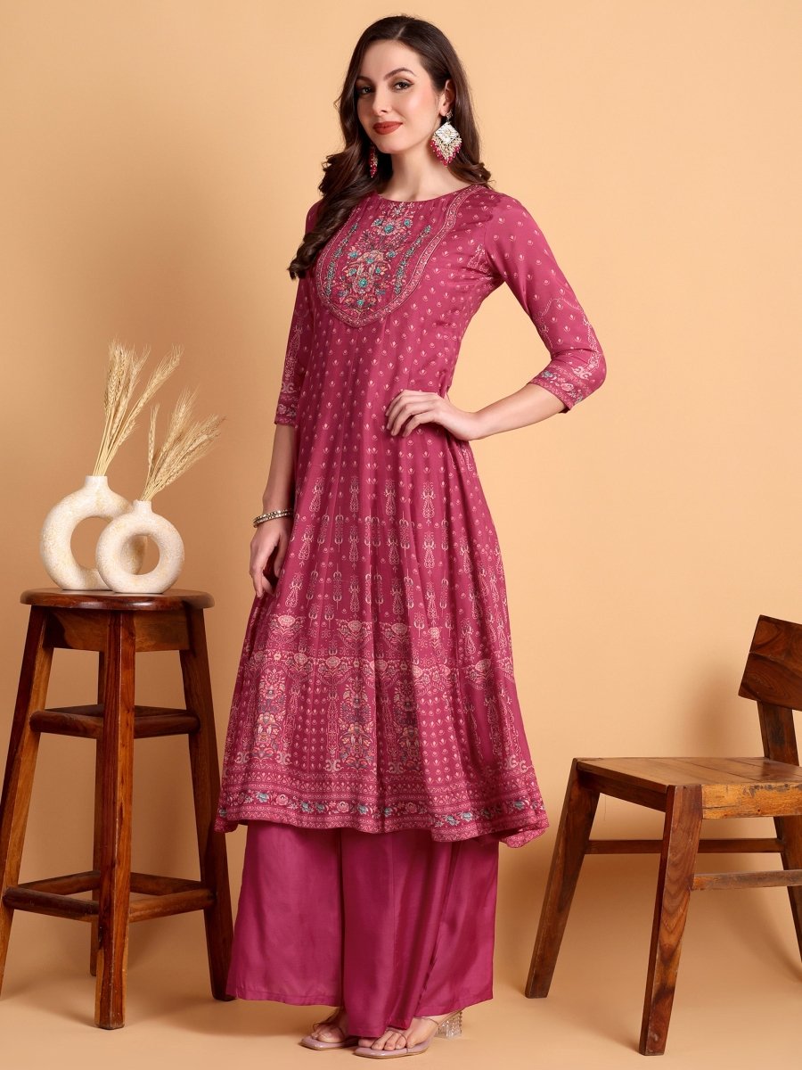 Deep Rose Floral Embroidered Anarkali Set with Dupatta | Festive & Ethnic Wear - CLOHI