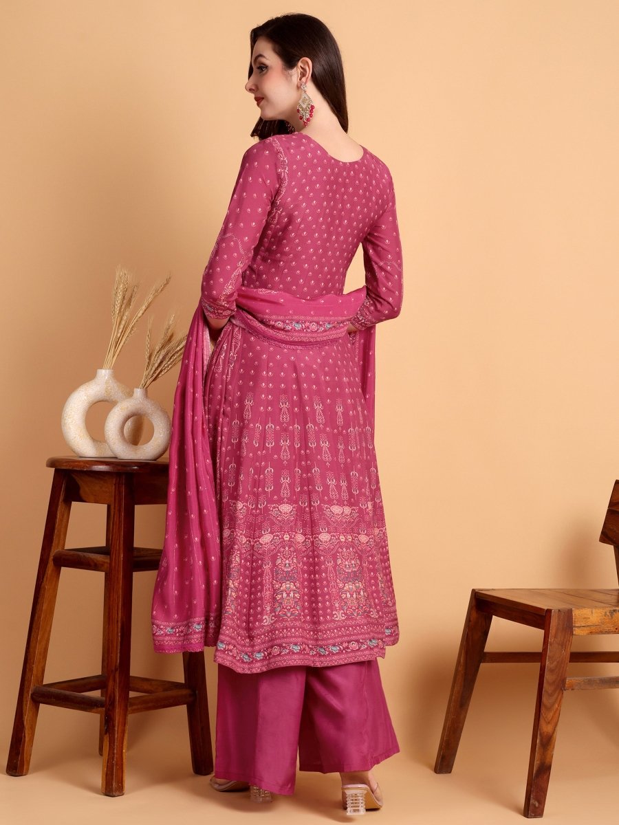 Deep Rose Floral Embroidered Anarkali Set with Dupatta | Festive & Ethnic Wear - CLOHI