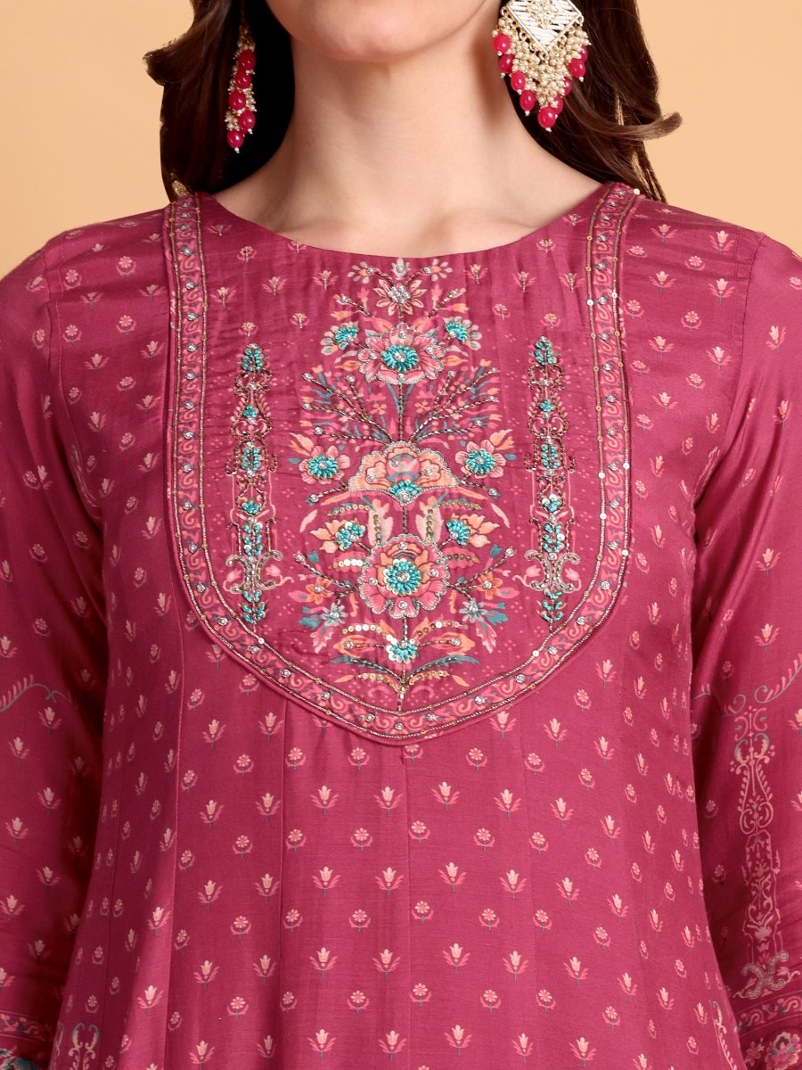 Deep Rose Floral Embroidered Anarkali Set with Dupatta | Festive & Ethnic Wear - CLOHI