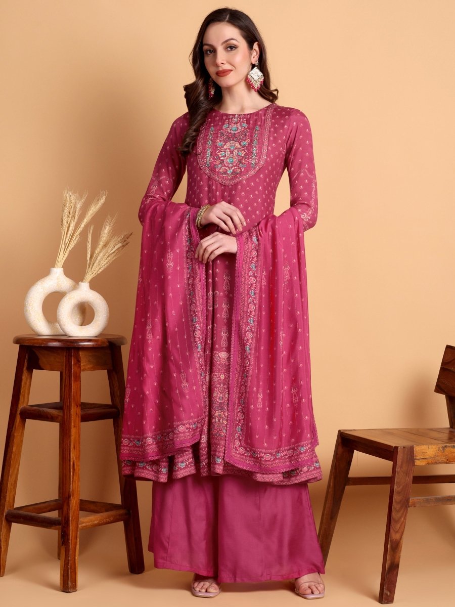 Deep Rose Floral Embroidered Anarkali Set with Dupatta | Festive & Ethnic Wear - CLOHI