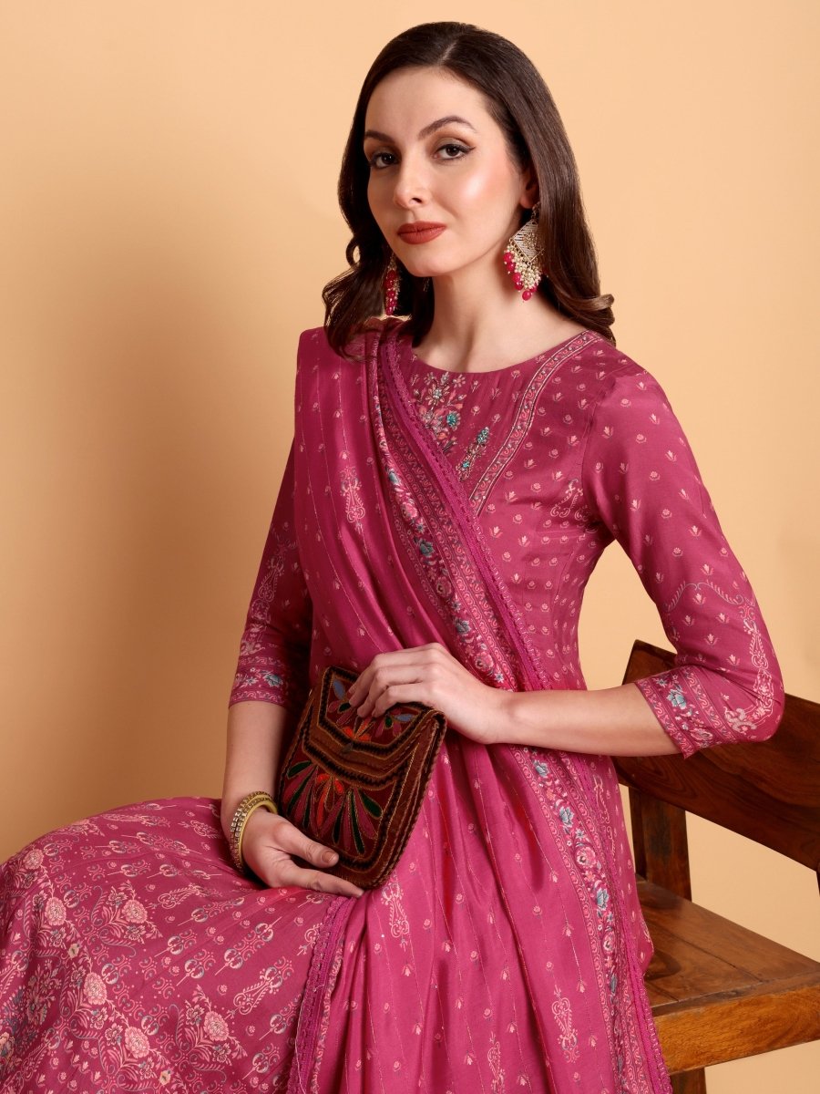 Deep Rose Floral Embroidered Anarkali Set with Dupatta | Festive & Ethnic Wear - CLOHI