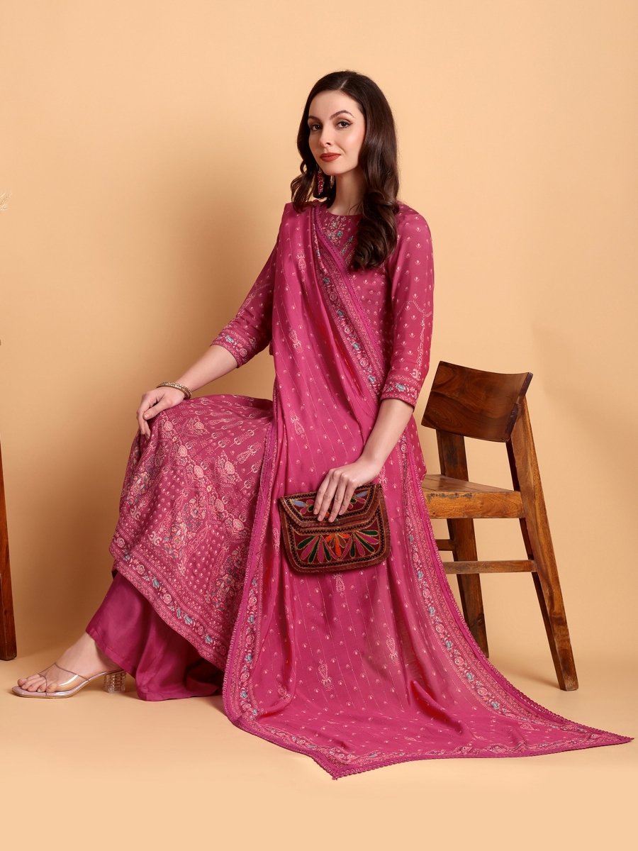 Deep Rose Floral Embroidered Anarkali Set with Dupatta | Festive & Ethnic Wear - CLOHI
