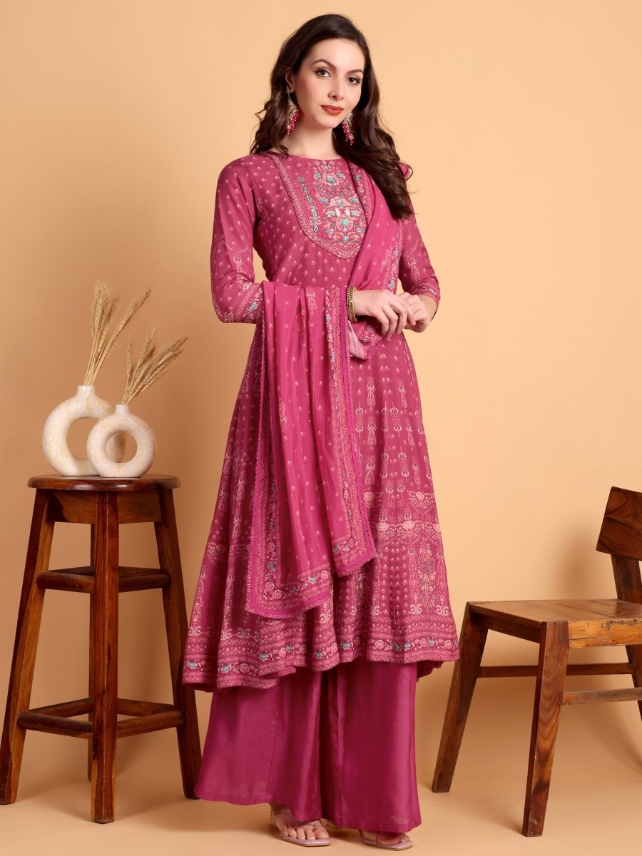 Deep Rose Floral Embroidered Anarkali Set with Dupatta | Festive & Ethnic Wear - CLOHI