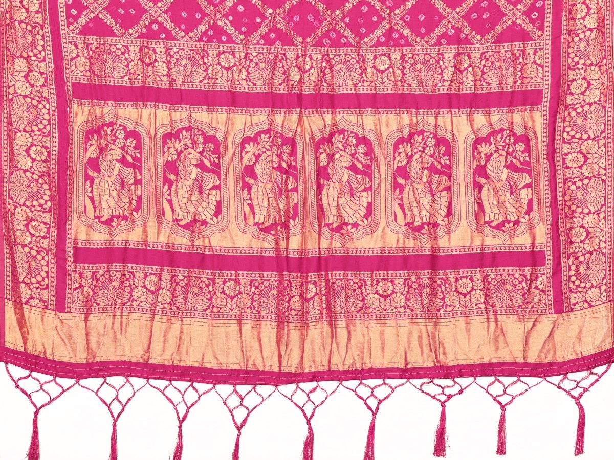 Deep Rose Jacquard Zari Hand Bandhani Saree with Peacock & Dandiya Motifs - CLOHI
