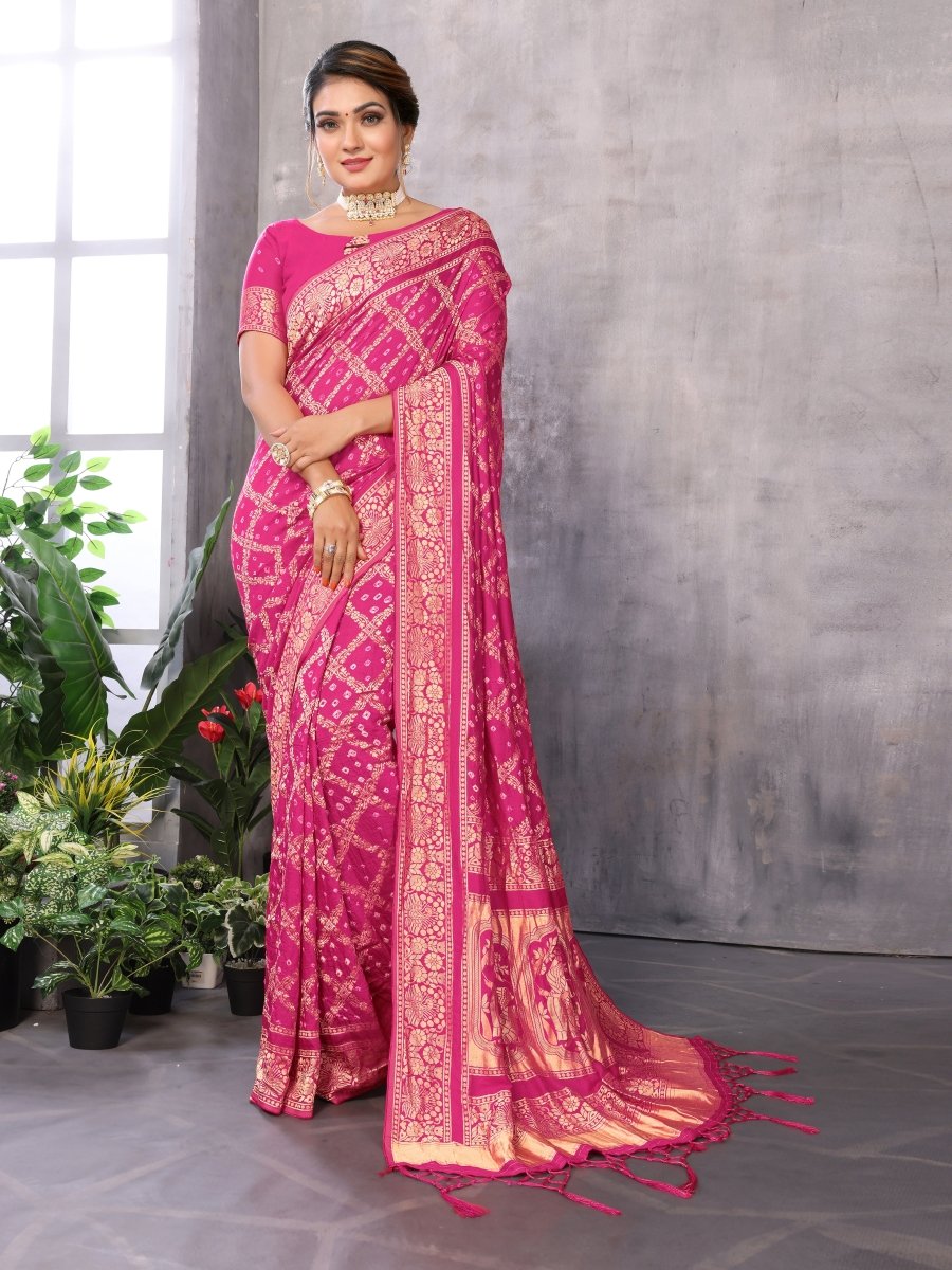 Deep Rose Jacquard Zari Hand Bandhani Saree with Peacock & Dandiya Motifs - CLOHI