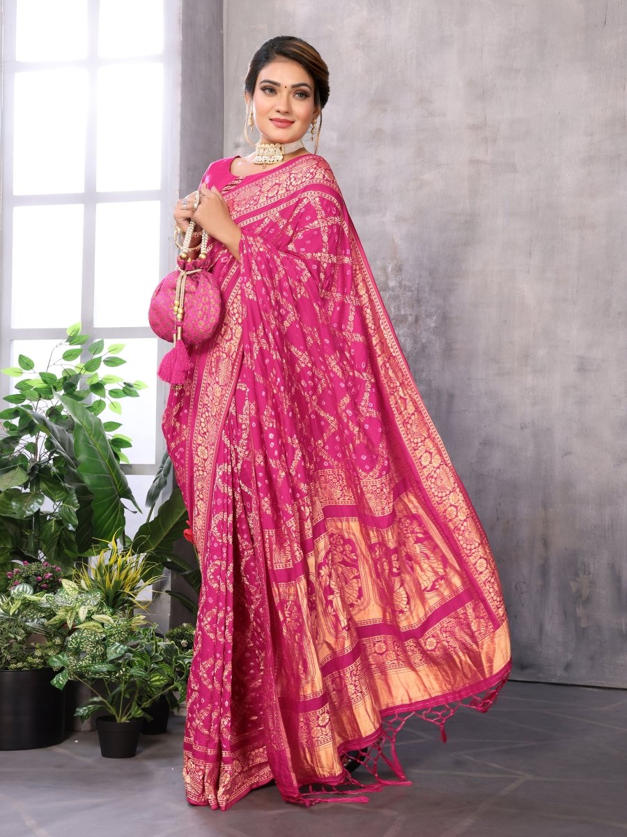 Deep Rose Jacquard Zari Hand Bandhani Saree with Peacock & Dandiya Motifs - CLOHI