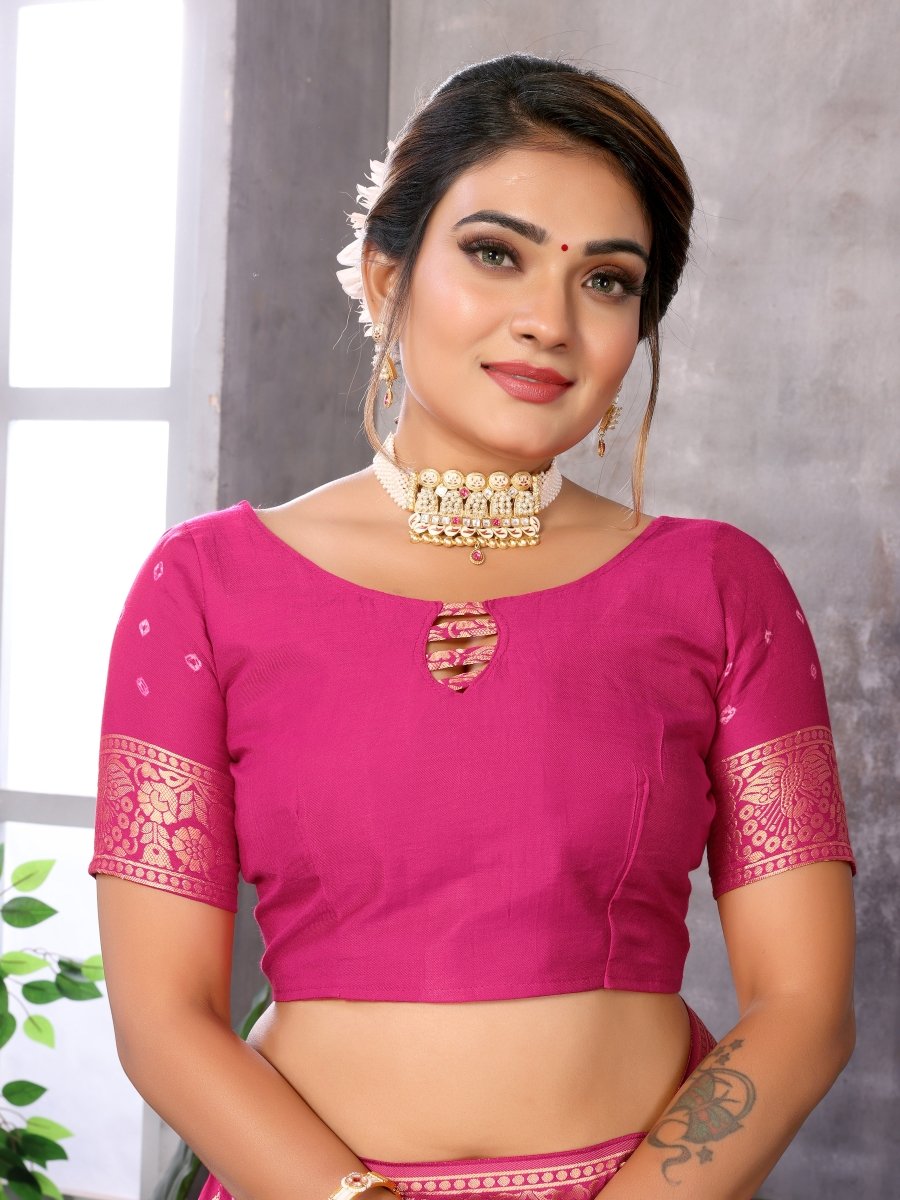 Deep Rose Jacquard Zari Hand Bandhani Saree with Peacock & Dandiya Motifs - CLOHI