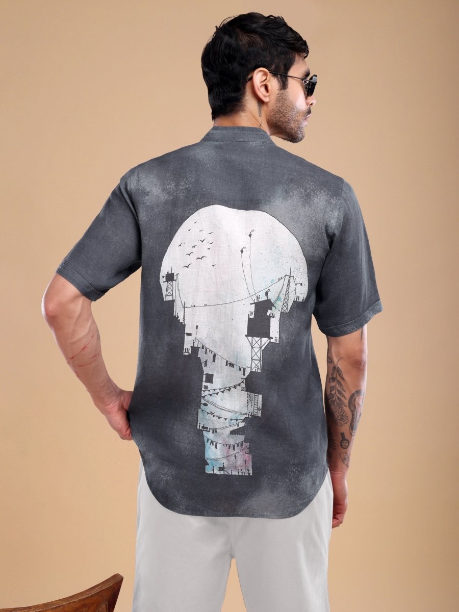 Deep Slate Black Pure Linen Artistic Shirt - CLOHI